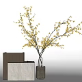 Yellow Flowering Branches Placed in Black Vase with Grey and White Square Pedestals