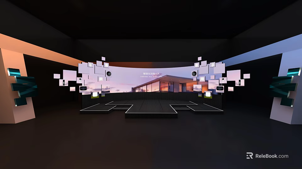 Contemporary Showroom Stage with Large Curved Screen Modern Building Display and Square Decor on Dark Floor 3d model 