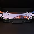 Contemporary Showroom Stage with Large Curved Screen Modern Building Display and Square Decor on Dark Floor