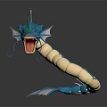 Game Movie Character Blue Serpent With Green Horns Open Mouth Yellow Underbelly And Finned Limbs