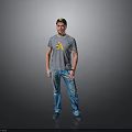 Man Wearing Striped T-Shirt And Blue Jeans With Cap Standing Against Gray Background
