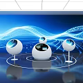 Tech Exhibition Hall Showcasing Interactive Circular Displays With Futuristic Blue Light Wave Background 3d model