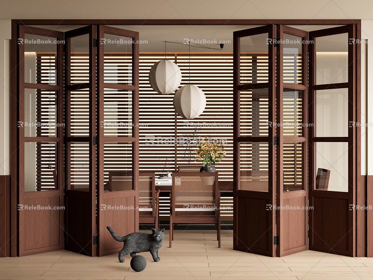 Quiet ancient folding door multi-link sliding door glass sliding door dining table and chair venetian blinds 3d model