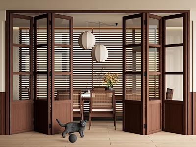 Quiet ancient folding door multi-link sliding door glass sliding door dining table and chair venetian blinds 3d model