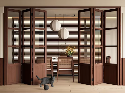 Open Wooden Folding Doors With Glass Panels In Modern Interior Dining Area Design 3d model