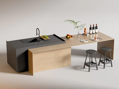 Modern Bar Counter With Wooden Top Black Sink Fruits Wine Bottles Potted Plant And Stools 3d model