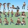Group of Boys Showing Different Actions with Umbrella Tablet and Backpack