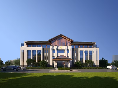 Office Building Exterior With Traditional Roof Large Glass Windows Light-colored Facade And Lawn Frontyard 3d model