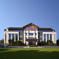 Office Building Exterior With Traditional Roof Large Glass Windows Light-colored Facade And Lawn Frontyard