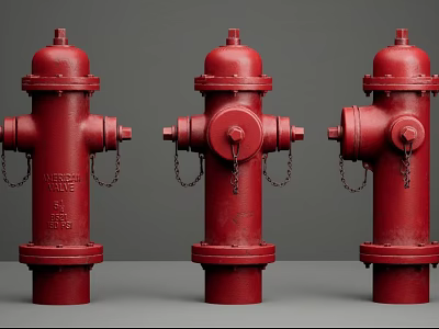 Three Red Fire Hydrants With Chains And Valves Standing In A Row 3d model
