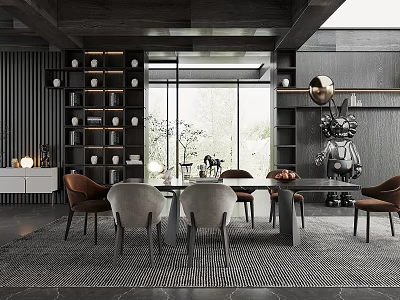 Modern Restaurant Interior With Dining Table Chairs Bookshelves Large Windows Dark Ceiling And Decorative Lamp 3d model