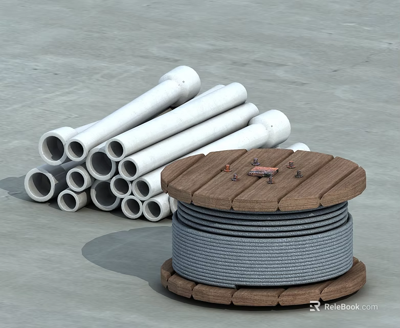 High Quality Hinged Door With White Pipes And Coiled Cable Reel 3d model 