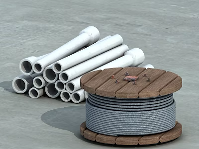 High Quality Hinged Door With White Pipes And Coiled Cable Reel 3d model