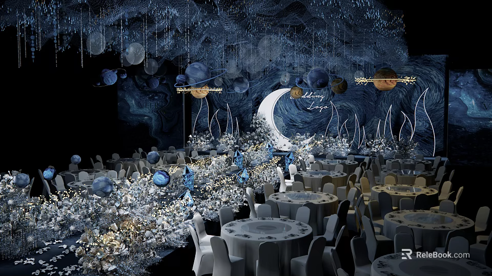 Elegant Blue Starry Sky Theme Banquet Hall With Moon Planets Hanging Lights Round Tables Decorations 3d model 