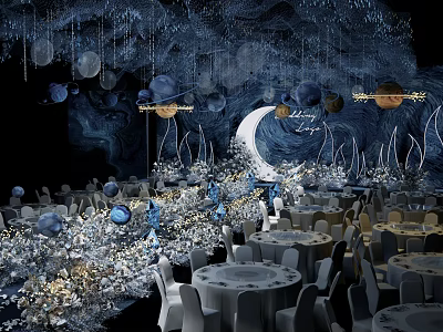 Elegant Blue Starry Sky Theme Banquet Hall With Moon Planets Hanging Lights Round Tables Decorations 3d model