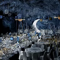 Elegant Blue Starry Sky Theme Banquet Hall With Moon Planets Hanging Lights Round Tables Decorations