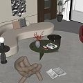 Modern Living Interior With Curved Beige Sofa Green Coffee Table And Red Armchair Round Rug