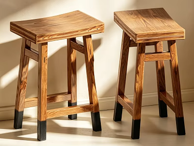 Wooden Bar Stools With Square Seat And Black Non Slip Feet In Simple Design 3d model