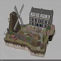 Dutch Style Multi Story Building With Windmill Fenced Area Plants And Red Car