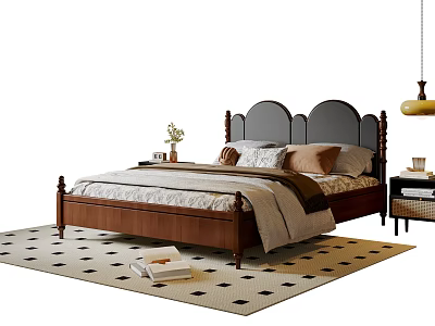 Double Bed With Wooden Frame Upholstered Headboard Decorative Pillows And Bedside Table On Geometric Rug 3d model