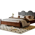 Double Bed With Wooden Frame Upholstered Headboard Decorative Pillows And Bedside Table On Geometric Rug