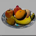 Fresh Assorted Fruits On Blue White Patterned Plate With Apples Oranges Bananas And Kiwi