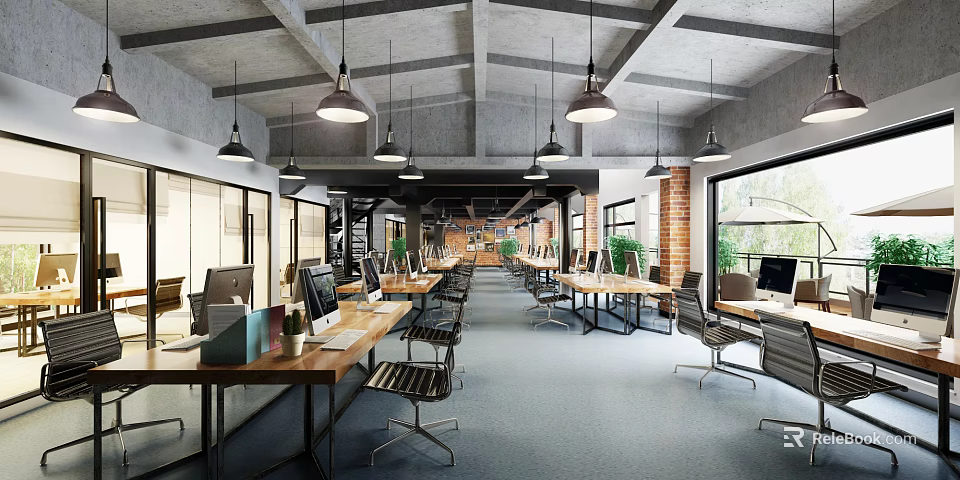 Public Office Space Featuring Open Layout Concrete Ceiling Pendant Lights Long Desks And Green Plants 3d model 