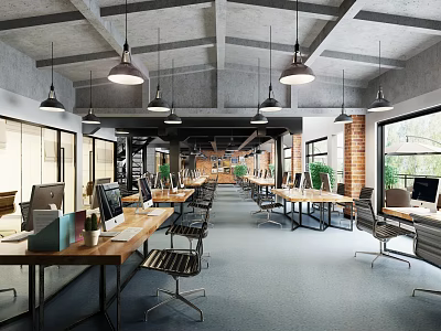 Public Office Space Featuring Open Layout Concrete Ceiling Pendant Lights Long Desks And Green Plants 3d model