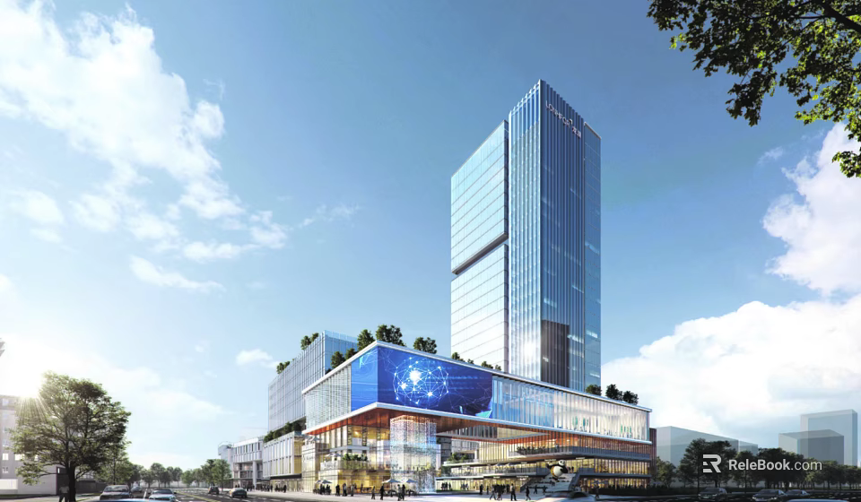 Modern High Rise Office Building With Glass Facade Commercial LED Screen And Surrounding Trees 3d model 