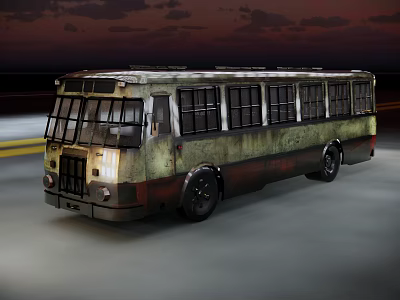 Old Rusty Green And Brown Bus On Road During Dusk Evening Time 3d model