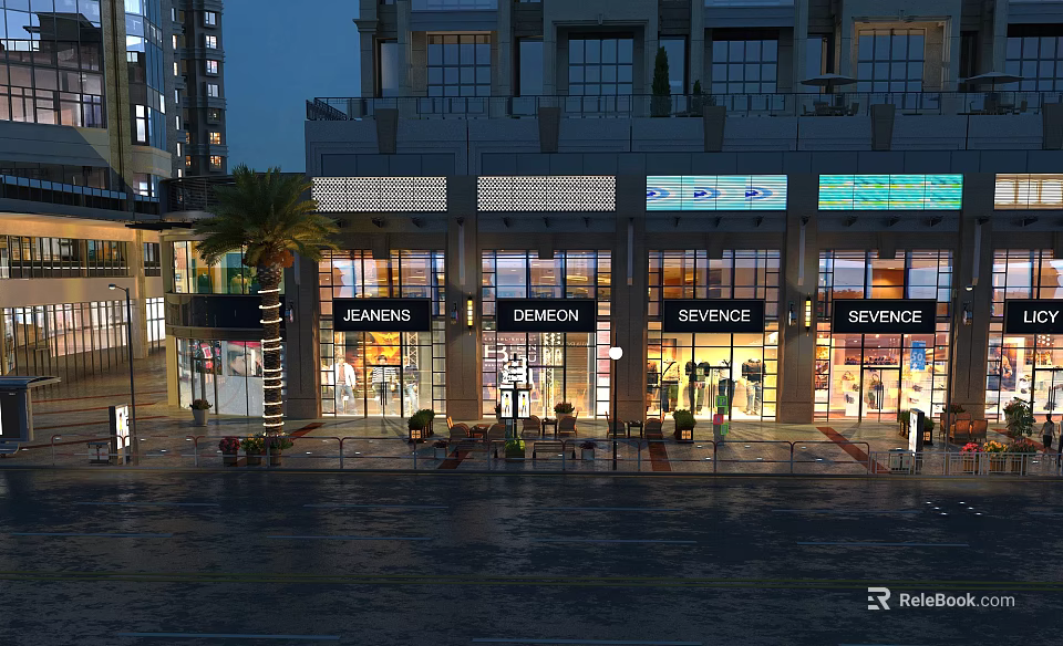 Nighttime Commercial Street With Modern Storefronts Bright Lighting And Wet Pavement 3d model 
