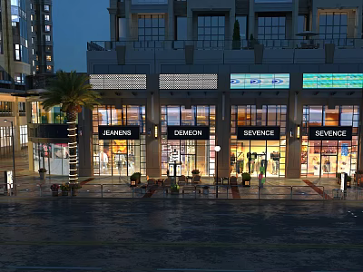 Nighttime Commercial Street With Modern Storefronts Bright Lighting And Wet Pavement 3d model