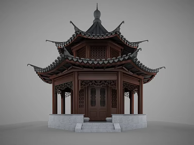 Traditional Chinese Pavilion With Multi Layered Ornate Eaves Wooden Structure And Stone Base 3d model