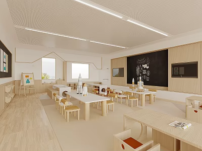 School Classroom Interior With Bright Lighting Wooden Furniture And Blackboard 3d model