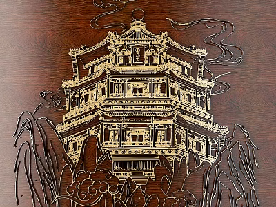 Intricate Chinese Pagoda Wood Carving with Mountains Clouds and Birds on Wooden Surface 3d model