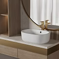 Modern Bathroom Sink Vanity With Round Gold Framed Mirror And LED Lighting