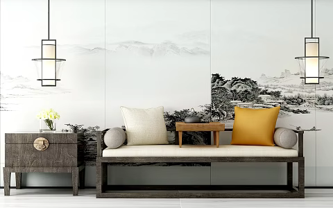 New Chinese Double Sofa Two-Person Coffee Table 3d model