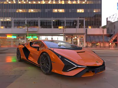 Orange Lamborghini Sports Car Parked On Urban Street With Tall Buildings And Neon Lights 3d model