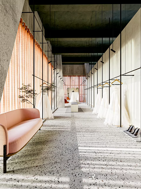 Bridal Shop Interior With White Wedding Dresses Racks Pink Sofa Tree And Natural Light 3d model 