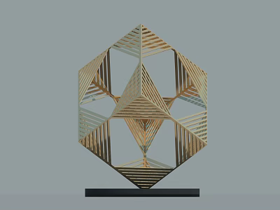 Modern Geometric Sculpture Featuring Gold Lines Polyhedron Structure And Black Base 3d model