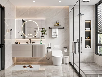 Modern Bathroom Interior With Marble Tiles Round Mirror Vanity And Glass Shower 3d model