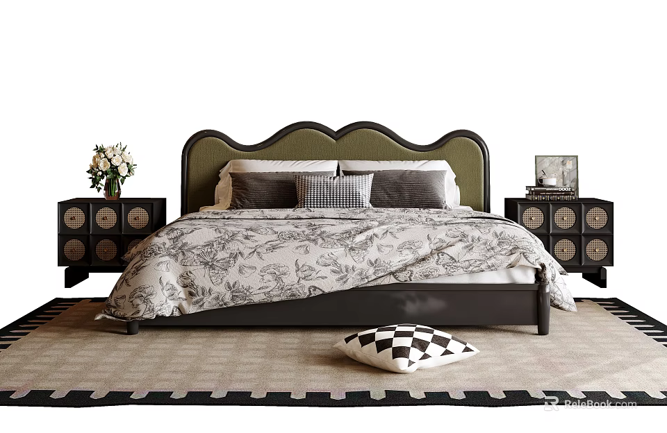 Retro Aesthetic Double Bed With Wavy Olive Green Upholstered Headboard And Matching Dark Bedside Cabinets 3d model 