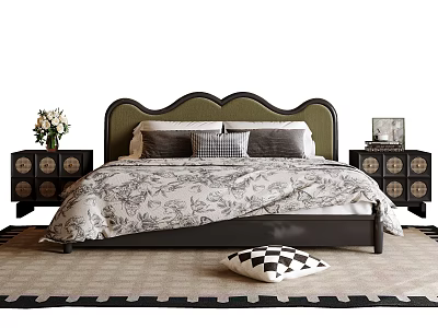 Retro Aesthetic Double Bed With Wavy Olive Green Upholstered Headboard And Matching Dark Bedside Cabinets 3d model