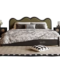 Retro Aesthetic Double Bed With Wavy Olive Green Upholstered Headboard And Matching Dark Bedside Cabinets