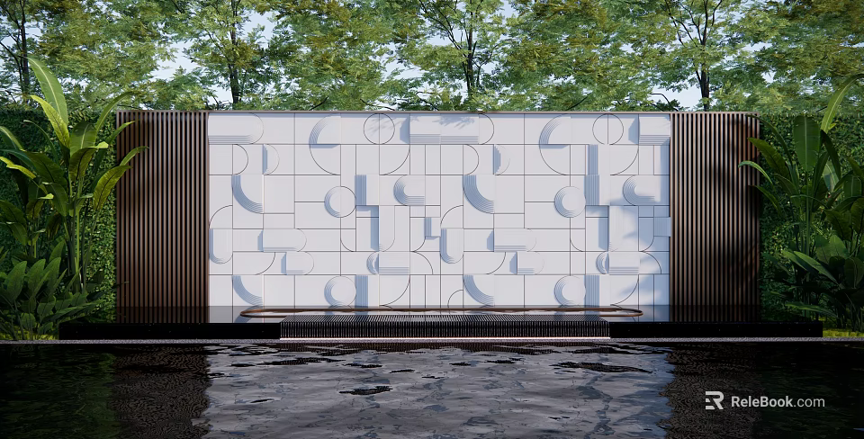 Decorative Landscape Wall With Geometric Patterns And Water Reflection Surrounded By Trees 3d model