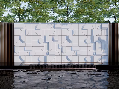 Decorative Landscape Wall With Geometric Patterns And Water Reflection Surrounded By Trees 3d model