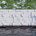 Decorative Landscape Wall With Geometric Patterns And Water Reflection Surrounded By Trees 3d model