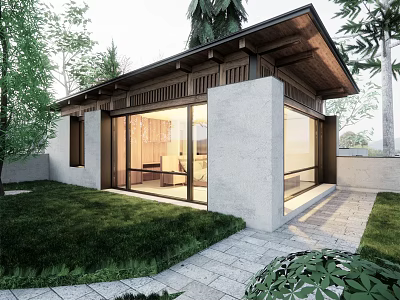 Modern Detached Villa With Wooden Roof Large Glass Windows Garden Courtyard And Green Vegetation 3d model