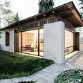Modern Detached Villa With Wooden Roof Large Glass Windows Garden Courtyard And Green Vegetation