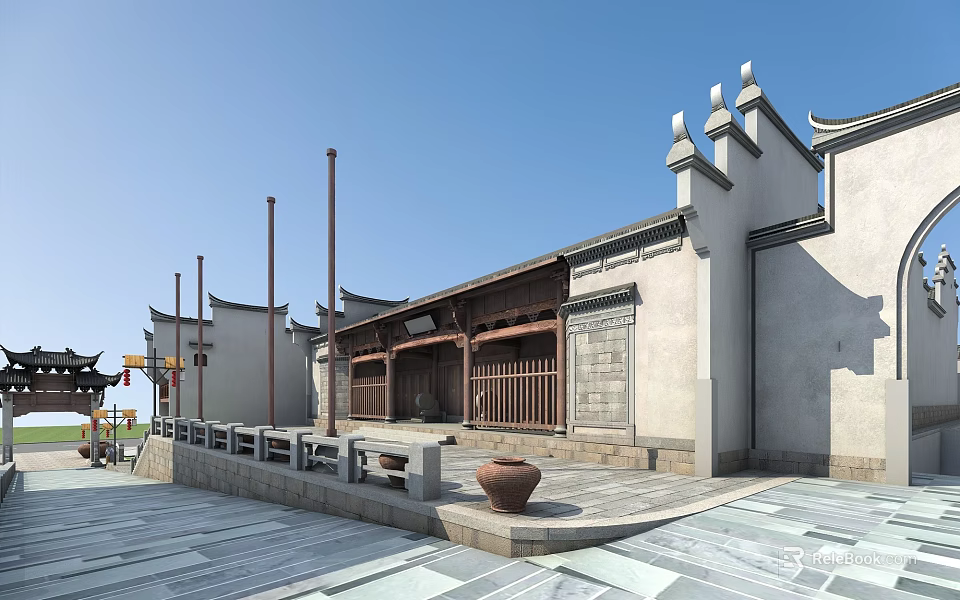 Traditional Ancient Architecture Featuring Classic Curved Cornices Stone Paved Ground And Wooden Doors 3d model 